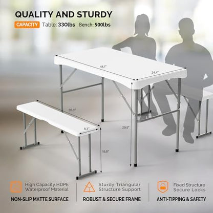 VINGLI Picnic Table Set with 2 Benches, 6 Feet Camping Table Chair Set, Heavy-Duty HDPE Material with Metal Frame, 3-Piece Folding Furniture for Indoor or Outdoor Use (3.5ft White)