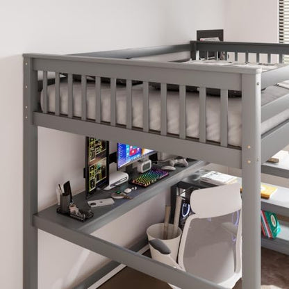 Merax Wood Loft Bed with Desk : Full Size Loft Bed with 4-Storage Shelves and Under Bed Desk Solid Wood Bed, Grey