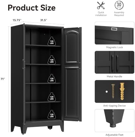 71" Metal Storage Cabinet with 5 Adjustable Shelves, Arch‑Curve Black
