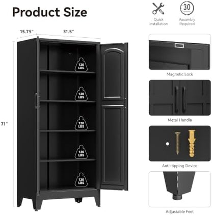71" Metal Storage Cabinet with 5 Adjustable Shelves, Arch‑Curve Black