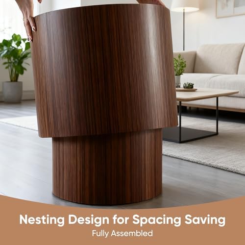 Nesting Round Coffee Table Set of 2, Accent End Table for Small Spaces, Morden Drum Side Table, Wooden Circle Center Table for Living Room, Fully Assembled - Dark Walnut