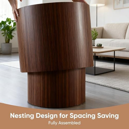 Nesting Round Coffee Table Set of 2, Accent End Table for Small Spaces, Morden Drum Side Table, Wooden Circle Center Table for Living Room, Fully Assembled - Dark Walnut