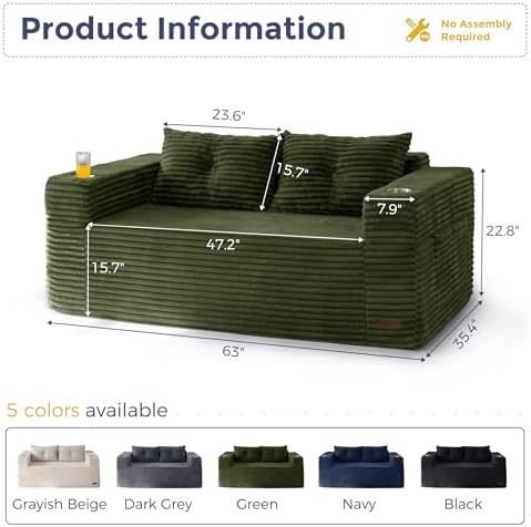 MAXYOYO 63" Boneless Loveseat Sofa Couch for Small Spaces, Mini Love Seat Floor Couch with Cup Holders and Pillows, 2-Seater Upholstered Cloud Couch for Bedroom Apartment, No Assembly Required