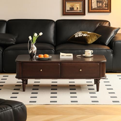 YESWOOD Solid Wood Coffee Table with Storage, 2 Drawer Center Table with Classic Column Legs, Retro Coffee Table with Vintage Detailings for Living Room, Home Office (Poplar Wood, Walnut Finish)