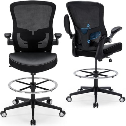 Drafting Chair 400lbs Heavy Duty Tall Office Chair Big and Tall Ergonomic Standing Desk Chair with Lumbar Support and Adjustable Footrest Ring, Comfy Mesh Wide Chair with Flip-up Armrests, Black