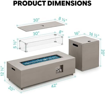 Werph 42’’ Propane Fire Pit Table Set with Tank Holder, CSA Certifed 50,000 BTU Outdoor Firepit Table, Wind Guard & Glass Stones, Smoke-Free Rectangular Fire Table for Garden Porch Backyard