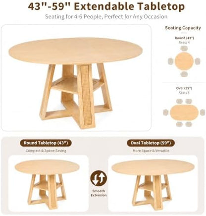 43.3"-59.05" Extendable Round Dining Table, Rustic Kitchen Table for 4-6