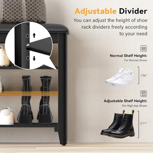 Shoe Bench with 3 Tier Adjustable Shelves Rubberwood Entryway 39.4''