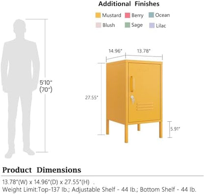 Single Door Coffee Table Lockable Metal Storage Cabinet, 2-Tier Children's Nightstand with Adjustable Shelf, Easy Assembly Side Table for Home, Office, Entryway & Hallway Yellow