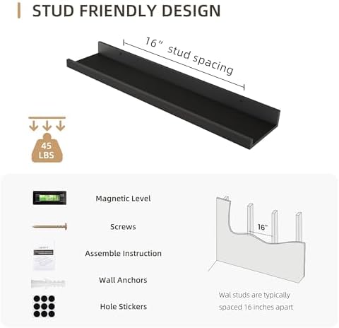 Picture Ledge Shelf, MDF Wood Floating Shelves Set of 2, Picture Ledge Photo Ledge Wall Mounted for Living Room Kids' Room Bedroom, Color Black (Black, 24in-2pcs)