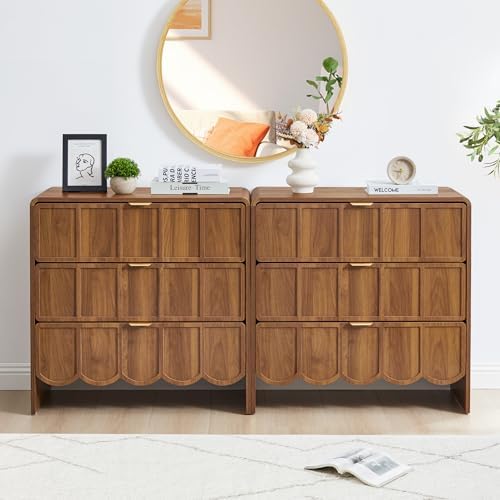 3 Drawer Dresser for Bedroom, Modern Chest of Scalloped Drawer, Walnut