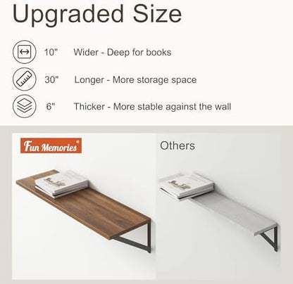 10 Inch Deep Floating Shelves, Walnut Floating Shelves 30 Inch Long, Rustic Wood Wall Shelves 30"W x 10"D, Deep Floating Shelf with Bracket, Wide Storage Shelves for Books, Living Room, Bathroom