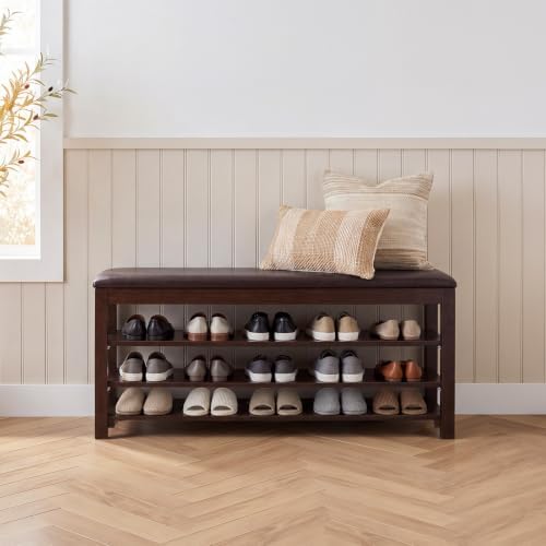 3-Tier Shoe Bench 47" Solid Wood Leather Cushion Shoe Storage Bench