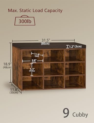 Shoe Storage Bench with Cushion, 31.5" Cubby Shoe Rack, 9 Cubbies