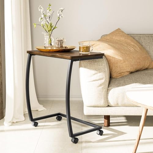 SRIWATANA Dark Walnut C Shaped Side Table with Wheels, Wood End Sofa Table