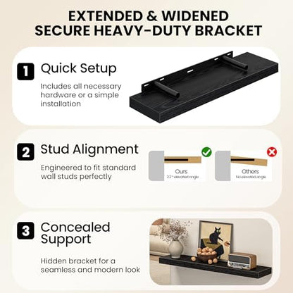 12" Deep Floating Shelves for Wall, 30" Long Black Wood Wall Shelves, Set of 2, 2" Thick Rustic Storage & Display Shelves with Invisible Brackets for Living Room Bedroom Kitchen