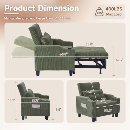 3 in 1 Convertible Sleeper Chair, Corduroy Single Sleeper Sofa Bed, Pull Out Sofa Bed Chair with Adjustable Backrest & Side Pockets for Living Room, Oliver Green