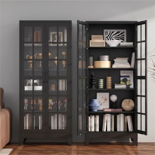 71" Metal Storage Cabinet with 5 Adjustable Shelves, Glass Grid Black
