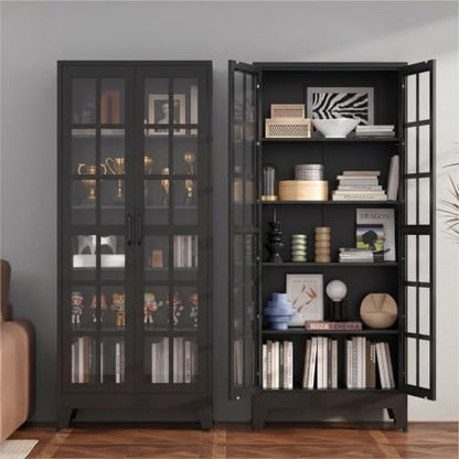 71" Metal Storage Cabinet with 5 Adjustable Shelves, Glass Grid Black