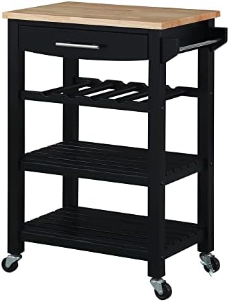 Convenience Concepts Ellaine Butcher Block Kitchen Cart 24.75" - 4 Tier Kitchen Island with Storage Drawer, Dining Room Wine Rack on Wheels, Coffee Station Table, Mobile Utility Trolley, Black