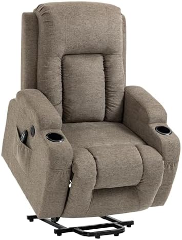 Trustyue Power Lift Recliner Chair with Heat and Massage for Elderly, Electric Recliner Chairs with Standing Assistance, 2 Cup Holders, 4 Pockets, USB Charge Port, Linen Fabric Khaki