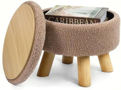 OGEMXU Ottoman Foot Rest, Small Round Ottoman with Storage, Boucle Teddy Velvet Footstool with Wood Legs, Soft Sponge Storage Ottoman for Living Room, Bedroom, Couch, Enterway (Camel Brown)