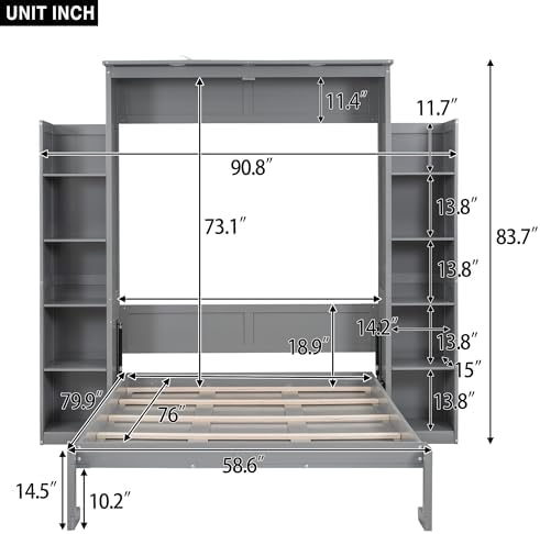 MERITLINE Full Murphy Bed with Storage Shelves and LED Lights, Wood Murphy Wall Bed Cabinet with Bookshelves Bookcase for Home Office Library Grey (Grey A,Full)