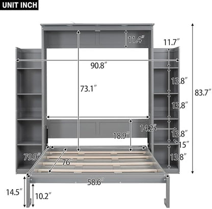 MERITLINE Full Murphy Bed with Storage Shelves and LED Lights, Wood Murphy Wall Bed Cabinet with Bookshelves Bookcase for Home Office Library Grey (Grey A,Full)