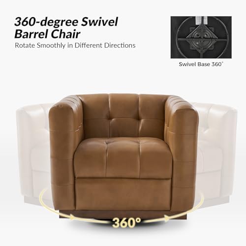 HULALA HOME Genuine Leather Swivel Accent Chairs Set of 2 with Wooden Base, Mid Century Modern Square Accent Chairs for Living Room Bedroom Club, Camel