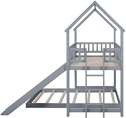 SOFTSEA Twin Over Full Bunk Bed with Slide and Built-in Ladder, Gray