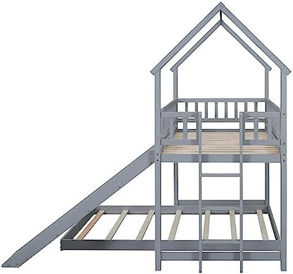 SOFTSEA Twin Over Full Bunk Bed with Slide and Built-in Ladder, Gray
