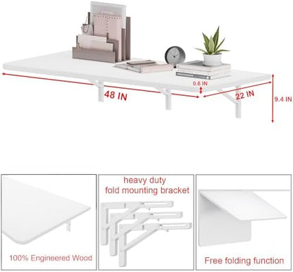 IAE 48x22in Floating Fold Desk,Wall-Mounted Folding Computer Table,White