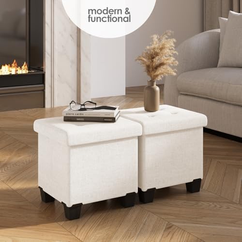 Storage Ottoman Cube with Small Bin, 15-in Square Ottoman with Storage for Living Room and Bedroom, Small Ottomans Foot Rest, Fabric Foot Stools Ottomans Max 330lbs, Cream