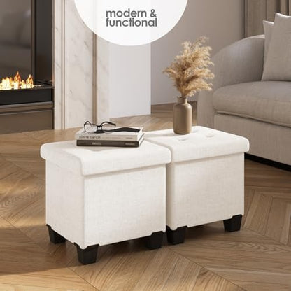 Storage Ottoman Cube with Small Bin, 15-in Square Ottoman with Storage for Living Room and Bedroom, Small Ottomans Foot Rest, Fabric Foot Stools Ottomans Max 330lbs, Cream