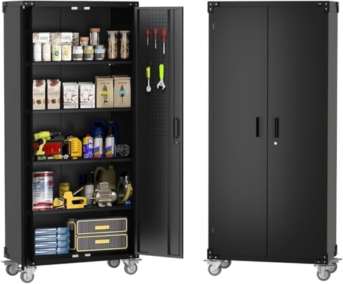 GarveeHome Metal Storage Cabinet with Wheels Garage Storage Cabinet Adjustable Shelves