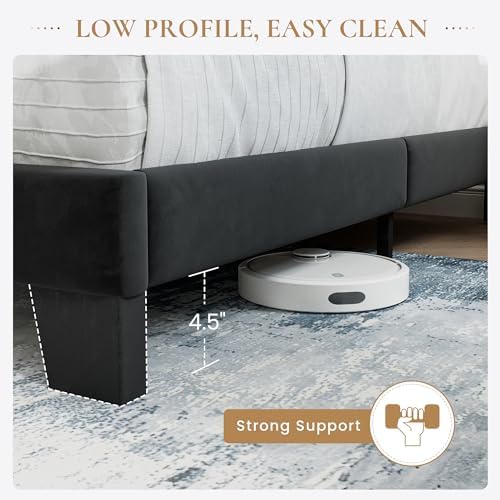 SHA CERLIN Full Platform Bed Frame with Upholstered Velvet Headboard, Black