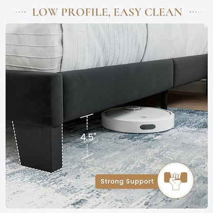 SHA CERLIN Full Platform Bed Frame with Upholstered Velvet Headboard, Black