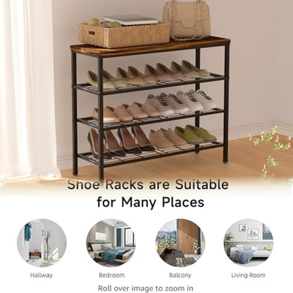 4-Tier Metal Shoe Rack with Wood Top - Durable & Space-Saving Shoe Organizer,Industrial Shoe Organizer Shelf Bench Storagefor Closet Entryway, Bedroom & Hallway - Bronze+Black 28.5 W × 25.5" H