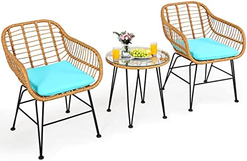 Tangkula 3 Pieces Patio Bistro Set, Rattan Conversation Set with 2 Cushioned Armchairs & Round Glass Coffee Table, Indoor Outdoor Wicker Furniture Set for Balcony, Backyard, Garden, Poolside