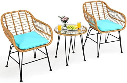 Tangkula 3 Pieces Patio Bistro Set, Rattan Conversation Set with 2 Cushioned Armchairs & Round Glass Coffee Table, Indoor Outdoor Wicker Furniture Set for Balcony, Backyard, Garden, Poolside