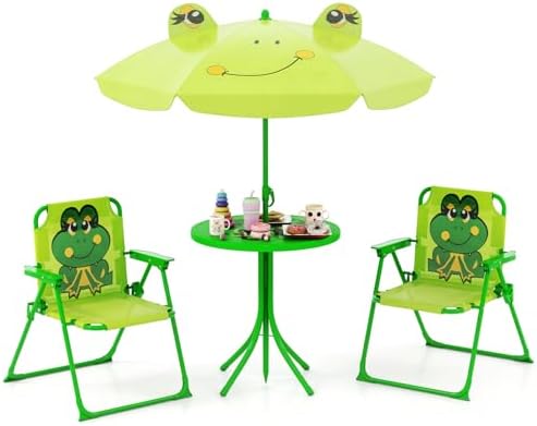 Costzon Kids Picnic Table, Kids Outdoor Table with 2 Folding Chairs, Height Adjustable Umbrella, Portable Children Outdoor Furniture for Patio, Garden, Backyard (Light Green)