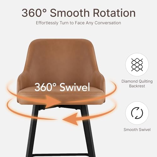 KISLOT 26" Counter Height Swivel Bar Stools Set of 4, Upholstered Faux Leather Barstools with Back, Metal Legs for Kitchen Island Dining Room, Brown