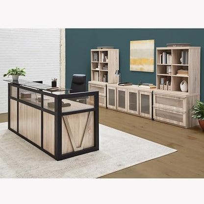 NBF Reception Desk Front Counter Workstation for Office Lobby Reception Area, 87" W x 30" D, Walnut, District Collection