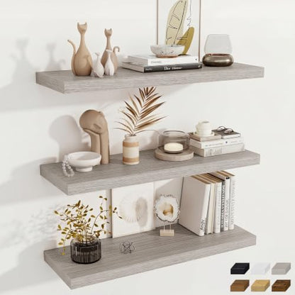 Deep Floating Shelves, 36" W x 12" D Wood Floating Shelves for Wall, 3 Pack Extra Deeper & Thicker Wall Mounted Storage Shelf for Living Room Laundry Room Kitchen Home Office, Grey