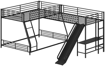 L-Shaped Twin Over Full Bunk Bed with Twin Size Loft Bed,Built-in Desk and Slide,Black