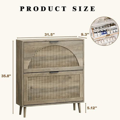 Fluted Grey Shoe Cabinet with 2 Flip Drawers, Narrow Wood Shoe Storage Cabinet, Slim Shoe Rack for Entryway, Freestanding Shoe Cabinet for Living Room, Hallway