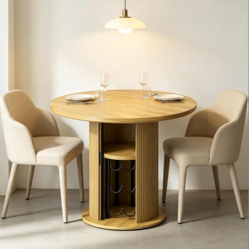 Round Dining Table for 2, 31 Inch Dining Room Kitchen Table with 2-Tier Storage Shelf and Wine Rack, Modern Farmhouse Fluted Wood Slide Door Dinner Furniture (Non Extensible-Oak)