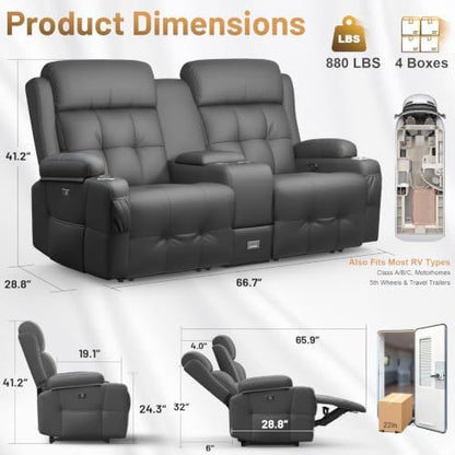 RV Loveseat Recliner Sofa, Home Theater Seating with Console & Massage