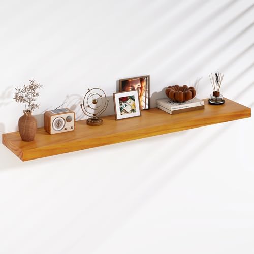 Floating Shelves, 9.3 Inch Deep Solid Pine Wood Wall Shelves for Storage, Rustic Wall Mounted Display Shelf with Invisible Heavy-Duty Metal Bracket, 55 Inch Width, Honey Oak