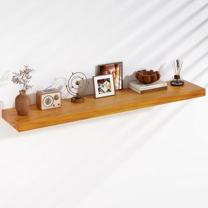 Floating Shelves, 9.3 Inch Deep Solid Pine Wood Wall Shelves for Storage, Rustic Wall Mounted Display Shelf with Invisible Heavy-Duty Metal Bracket, 55 Inch Width, Honey Oak